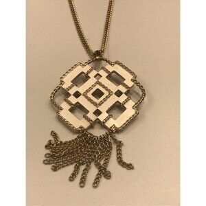 1970s Avon White Enamel & Rope Goldtone Necklace w Tassel Pendant Brooch Pin